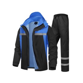 SaphiRose Men's Rain Suit High Visibility Reflective Work Rain Jacket Pants for All Sport Farm Fishing Motorcycle (Black/Royal-Blue,Small)