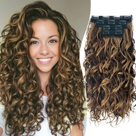 Aisaide Clip in Hair Extensions, 4PCS 20 inch Curly Hair Extensions Short Soft Natural Hairpiece Lace Weft Curly Wave Clip Ins Extensions Invisible for Women,Chocolate Brown with Light Honey Blonde