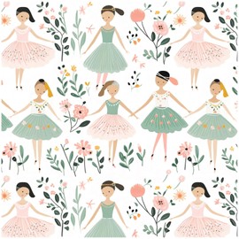 HAOKHOME Nursery Wallpaper Peel and Stick Kids Baby Wall Paper Modern Dancing Girls White/Pink/Green Removable Vinyl Self Adhesive Contactpaper 17.3in x 9.8ft