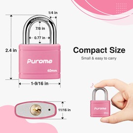 Puroma 2 Pack Keyed Padlock with 3 Keys Alike, 1.1 Inch Locker Lock 40mm Heavy-Duty Locks for Gate Fence Hasp Cabinet Toolbox School Gym Locker (Pink)