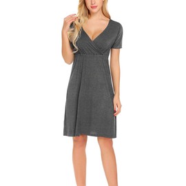 Weardear Women's Maternity Nightdress Short Sleeves V-Neck Breastfeeding Nightshirt Pregnancy Labor Nightwear Grey XXL