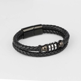 Meixao Bracelet Genuine Leather Polished Adjustable Stainless Steel Magnetic Clasp (Black, 18)