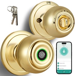 Fingerprint Door Lock, Smart Fingerprint Door Knob with Locks, Biometric Door Lock with App Control & Key, Keyless Thumbprint Entry Door Locks for Bedrooms, Front Door, Home, Apartment Office-Brass