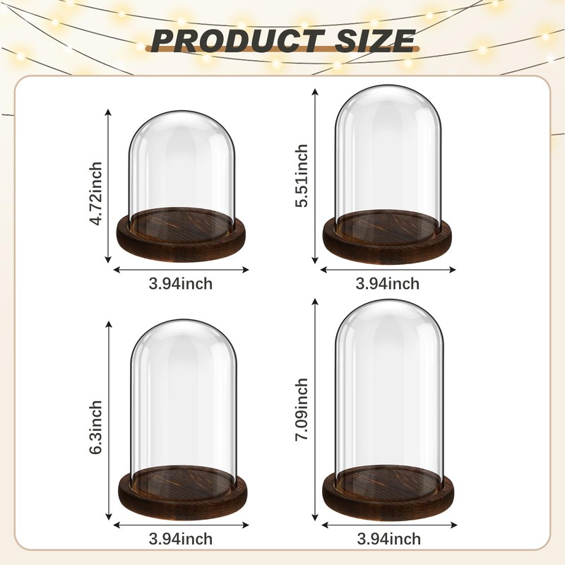 Suclain 4 Pcs Clear Glass Dome Cloche with Wood Base