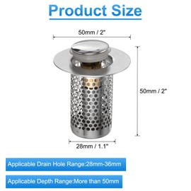 uxcell Bathroom Sink Stopper Push Type Sink Drain Strainer Filter with Removable Stainless Steel Filter Basket Hair Catcher Fit for 1.1"-1.4" Dia 2" Depth Sink Drain Hole, Silver
