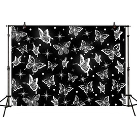 Early 2000s Black Glitter Butterfly Photography Backdrops Birthday Wedding Bridal Shower Party Decorations Banner Photo Booth Props (8x6ft)