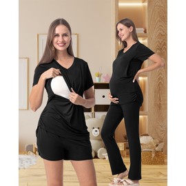 Rnxrbb 3 Piece Women's Maternity Nursing Pajamas Set V Neck Breastfeeding Pjs Sleepwear Postpartum Shorts&Pants Pockets,Black M