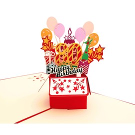 iGifts And Cards Happy 80th Red Birthday Party Box 3D Pop Up Greeting Card – Eighty, Awesome, Balloons, Unique, Celebration, Feliz Cumpleaños, Fun, Fabulous