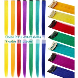 Rainbow Hair Extensions for Girls Clip-In Coloured Hair Extensions Colourful Hairpieces Party Highlights Straight Synthetic Multiple Colours Wig Pieces for Women (Clolorful Set)