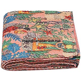 Sambhav Quilt Hub Frida Kahlo Printed Cotton Quilted Blanket Indian Handmade Bedspread Kantha Work Bohemian Bed Decor Throw Blanket Twin/King/Queen (60X90 inches)