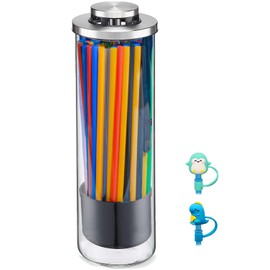 Straw Holder Dispenser for Counter - Clear Glass Drinking Straw Container with Lid - 2 Straw Covers and 35 PCS Straws include by BIGINIWA