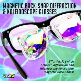 GloFX Snap On Glasses: Interchangeable Snap-On Lens Diffraction Effects | Ultimate Black Frames with 3D Prism Line, Heart and Rainbows Kaleidoscope Lenses for Raves and Festivals