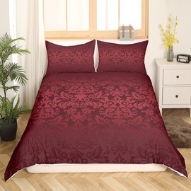Homewish Burgundy Single Size Duvet Cover Sets, Vintage Paisley Damask Floral Bedding Set for Girls Women, Antique Victorian Baroque Comforter Cover, Hotel Luxury Bedding & Linen 2 Pieces