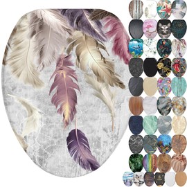 SANILO Wooden Toilet Seat with Soft Close [ELONGATED] - Decorative, Quiet & Slow Close Molded Wood Seat - With Strong Bumpers & Hinges - Adjustable Fit - Feathers