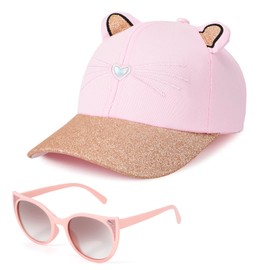 Hifot Girls' Baseball Cap, Children's Sunglasses Set, Adjustable Sun Hat with Sequins, Children's Summer Hat, UV Protection Peaked Cap, pink