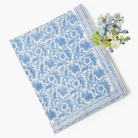 Labhanshi Indian Handblock Print Floral 100% Cotton Pre-Washed Rectangle Table Cloth|72x135 Inch 10-Seater Large Decorative Table Cover|Thanksgiving Easter Festive Holiday Decor|Blue Bird