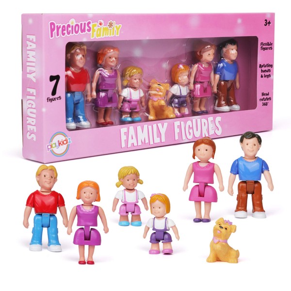 Playkidz Family Figures - Set of 7 Small Toy People for Dollhouse Play, Includes Parents, Sibling, and Pet - Doll House Accessories for Children
