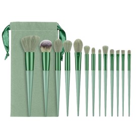 アイシャドウブラシ 化粧ブラシ 高級繊維毛 超柔らかい 日常の化粧 魅力的な目元 メイク道具 収納ポーチ付き 携帯便利 アイシャドウブラシセット 専門化粧道具（13本セット）マットグリーン