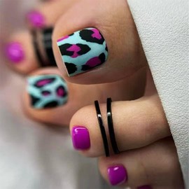 IMRAIN Leopard Print Press on Toe Nails Short Square Fake Toenails Acrylic Squoval Nail Supplies Purple Blue Glossy Glue on Toenails Full Cover False Toe Nails 24Pcs