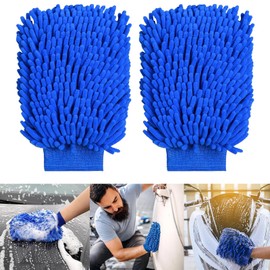 QUALDESN 2 PCS Car Wash Mitts, Deluxe Microfiber Car Wash Drying Mitts, Double Sided Super Absorbent Wash Gloves for Car Cleaning, Car Wash Cleaning Towels Brush, Blue Noodle Wash Gloves