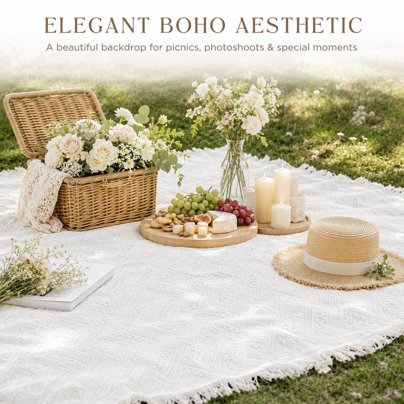 Etnorsu 91 x 71inch White Outdoor Picnic Blanket with Waterproof