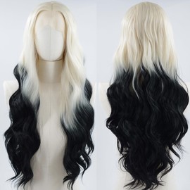 ZHYWIGS White Black Lace Front Wigs Long Body Wavy Synthetic hair White blonde Ombre Black 24 Inch Lace Wigs for Women
