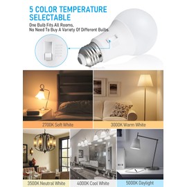 TORCHSTAR 5CCT A19 LED Light Bulb 60W Equivalent, Dimmable 8W Standard Light Bulbs, E26 Base, 2700K 3000K 3500K 4000K 5000K Selectable, 800LM, UL FCC Listed, Pack of 4