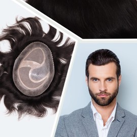 Civmo Men toupee Mono Lace with PU Toupee for Men 100％ European Human Hair Replacement System Mens Toupee Men's Hairpiece Wigs for men (Natural Black Color)