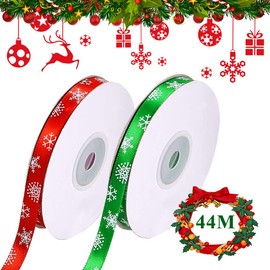 Christmas Ribbon, 2 Rolls Green Red Satin Ribbon Xmas Gift Wrapping Ribbon Grosgrain Snowflake Ribbon 10mm, Total 44M/50 Yards Christmas Ribbons for Gift Wrapping/Crafts/Bows/Wreaths/Cards/Xmas Tree