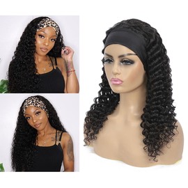WENYAN Deep Wave Headband Wig Human Hair Wigs for Women Human Hair 16Inch None Lace Front Wigs Perruque Femme Humain Naturel Glueless Real Hair Curly Wave Wig 150% Density