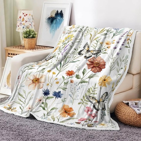 DYNH Wildflower Butterfly Blanket, Boho Floral Wildflowers Throw Blanket for