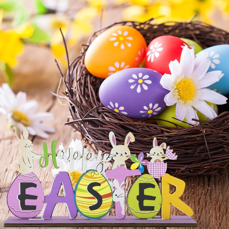iwiio Easter Table Decorations, Happy Easter Wooden Sign, Easter Table
