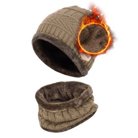 Aisprts Winter Beanie Hat Scarf Set Fleece Lining Warm Knitted Hat and Neck Warmer Unisex Winter Outdoor Ski Hat and Snood, Gifts for Men Women, Khaki, One Size