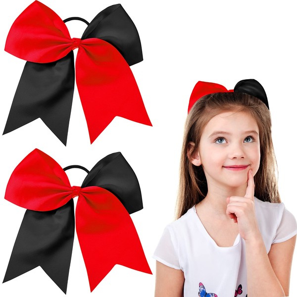 2 Packs Jumbo Cheerleading Bow 8 Inch Cheer Hair Bows Large Cheerleading Hair Bows with Ponytail Holder for Teen Girls Softball Cheerleader Outfit Uniform (Red and Black)