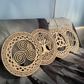 Celtic Symbol Wall Decor 12 Inch Wooden Sacred Geometry 4 Piece Set Tree of Life Celtic Cross Knot Triple Spiral Symbol Nordic Celtic Rune Irish Wall Art