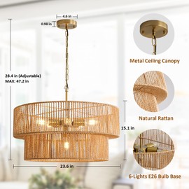 6-Light Boho Rattan Chandelier, 23.6" Rattan Pendant Light Fixture with 2-Tier Hand-Woven Shade, Farmhouse Chandelier Ceiling Light Fixture for Dining Room, Living Room, Bedroom, Kitchen Island, Foyer