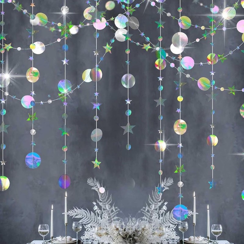 52Ft Iridescent Twinkle Circle Dot Star Garland Decoration,Hanging Shiny Paper