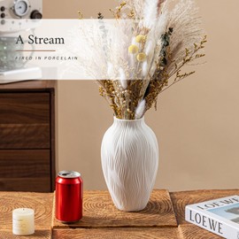 White Ceramic Vase for Pampas Grass, 9.2 Inch Wavy Textured Vase Gift