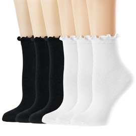 Mcool Mary Womens Crew Socks Ruffle White Casual Cotton Frilly Breathable Cute Knit Lettuce Trim Ankle Socks 6 Pack