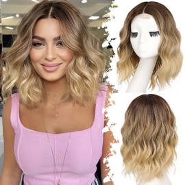 Eawwii Ombre Blonde Short Wavy Wig for Women Lace Hairline Bob Style Synthetic Heat Resistant - Natural Appearance for Everyday Hairstyle 14 Inch