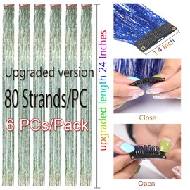 CelineBella Clip In Hair Tinsel Green Tinsel Hair Extensions 80 Strands/Pcs Very Cute for Kids Girls Cosplay Party Christmas (Light Green, 24 Inch Pack of 6Pcs)