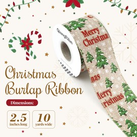 Christmas Tree Burlap Ribbon 2-1/2 Inch x 10Yards Christmas Xmas Wired Edge Ribbons for Xmas Home Decoration Christmas Tree Topper Bow Making Wreath Garland Wide Christmas Ribbon