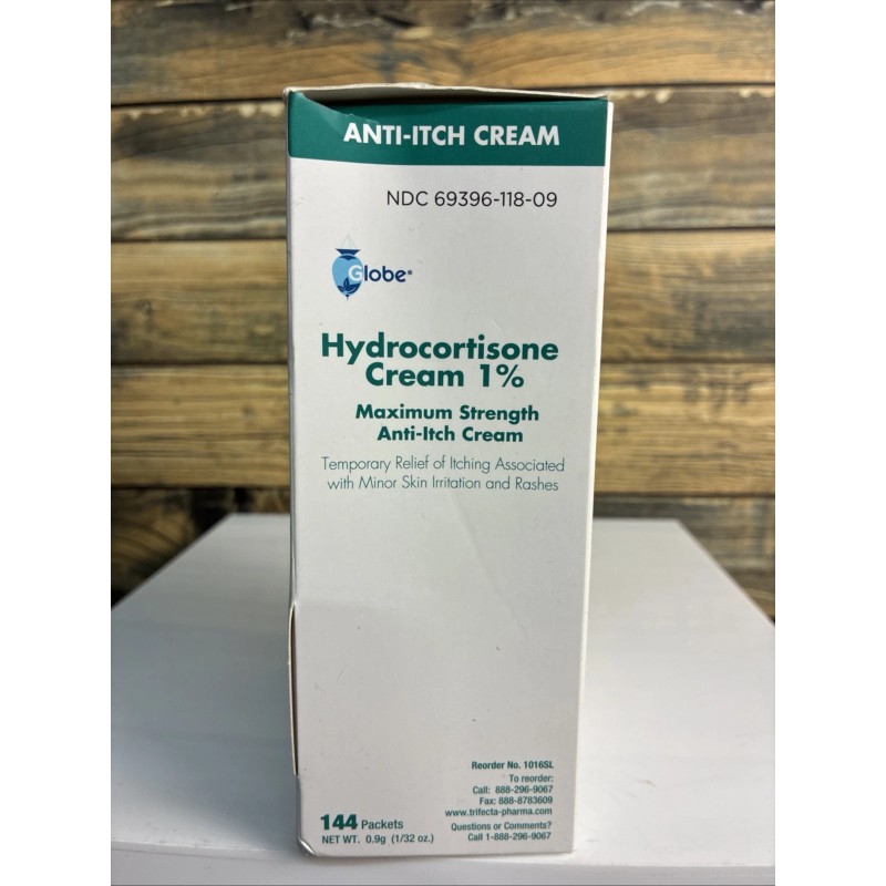 Globe- 144 Pack Hydrocortisone 1% Maximum Strength Cream, 0.9g Single