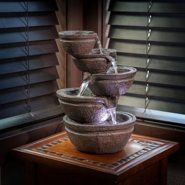Alpine Corporation WIN1138 Indoor Tabletop 5-Tiered Stone Bowls Water Fountain with LED Lights for Table or Desk, 13", Gray