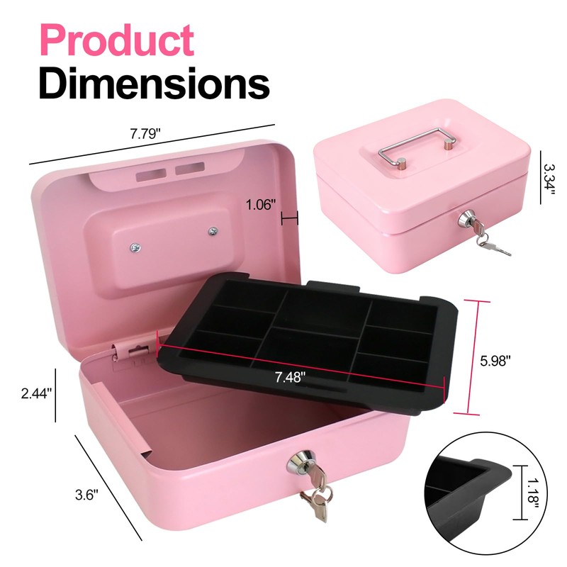 BOKE YOUNG 8" Cash Box with Money Tray, Pink, Medium