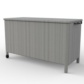 Large Outdoor Storage Box, 120 Gallon Wicker Garden Deck Bin, Lined Water-Resistant Rattan Patio Storage Bench with 2 Universal Wheels, Built-In Handle, Soft-Close Hinges, Gray