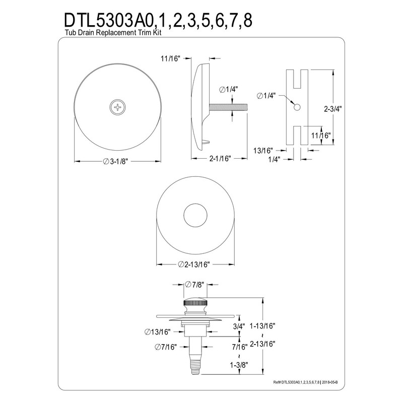 Kingston Brass DTL5303A7 Tub Drain Stopper with Overflow Plate Replacement