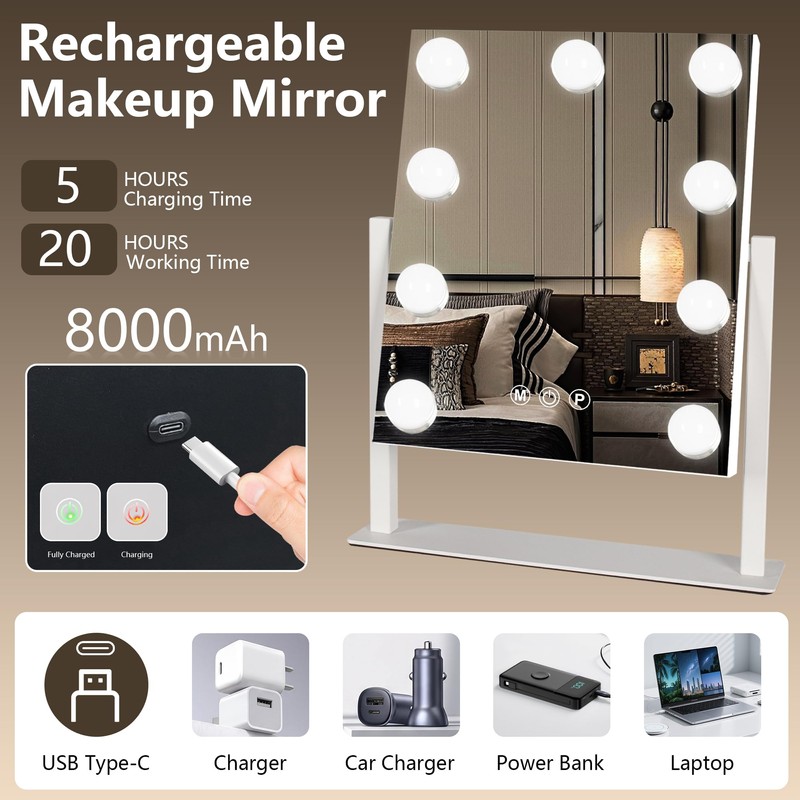 Ratsamee Rechargeable Vanity Mirror, 8000mAh 13"×15" Makeup Mirror
