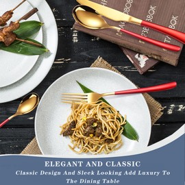 Caliamary 24 Pieces Silverware Set, Stainless Steel Flatware Set with Silverware Holder Spoons Forks Knives Set,Utensils Set Service for 6,Cutlery Set for Kitchen (Red), 9.6inch