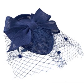 Caprilite Teardrop Pointed Pillbase Large Bow Fascinator with Birdcage Veil on Headband (Navy Blue)